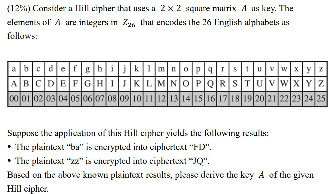 ( 1 2 \ % ) Consider a Hill cipher that uses a \