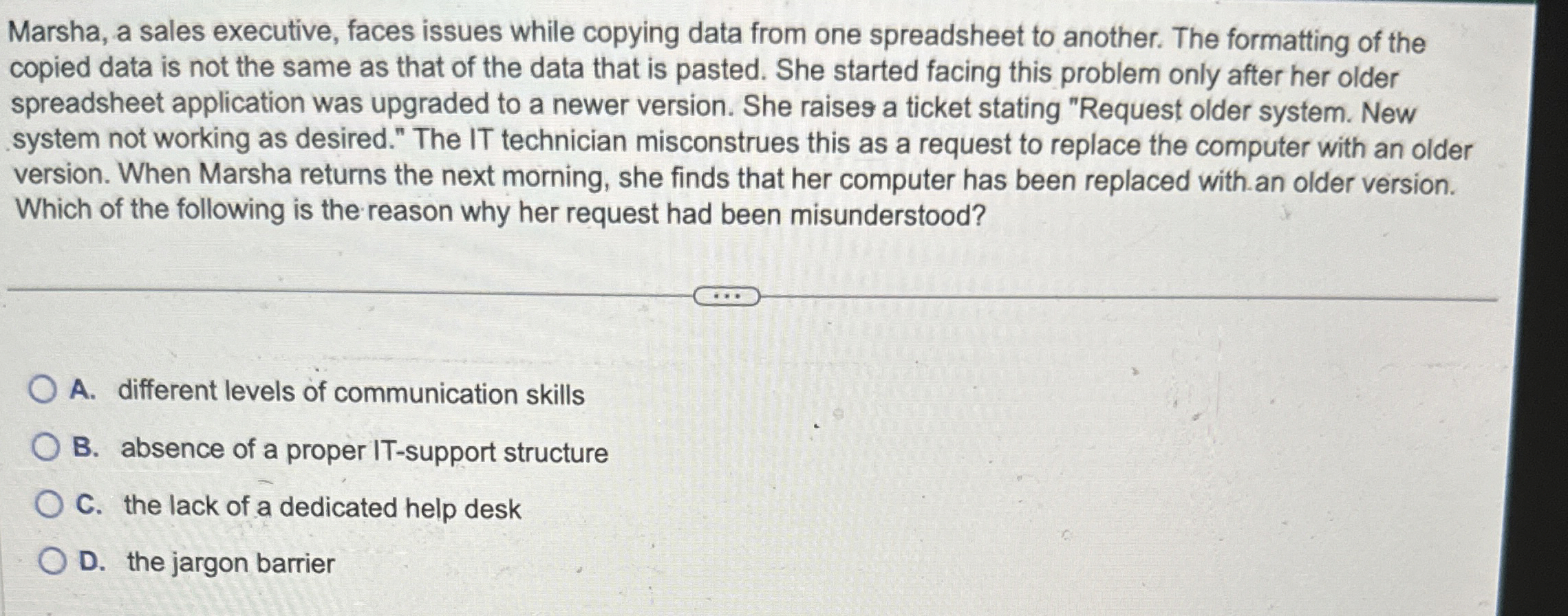 Marsha, a sales executive, faces issues while