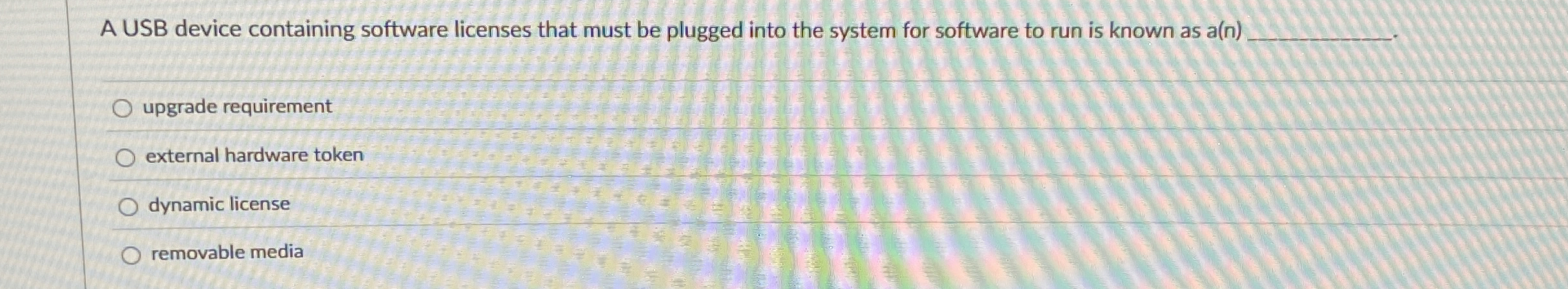 A USB device containing software licenses that