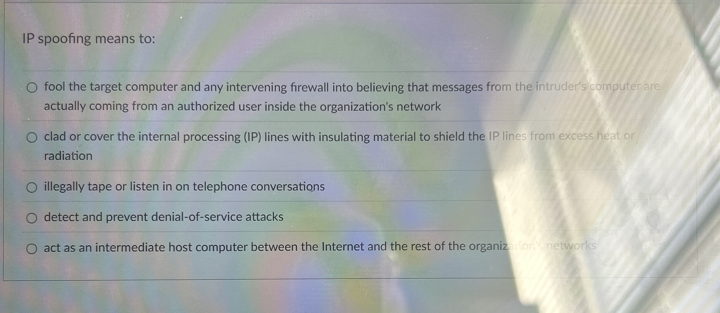 IP spoofing means to: fool the target computer