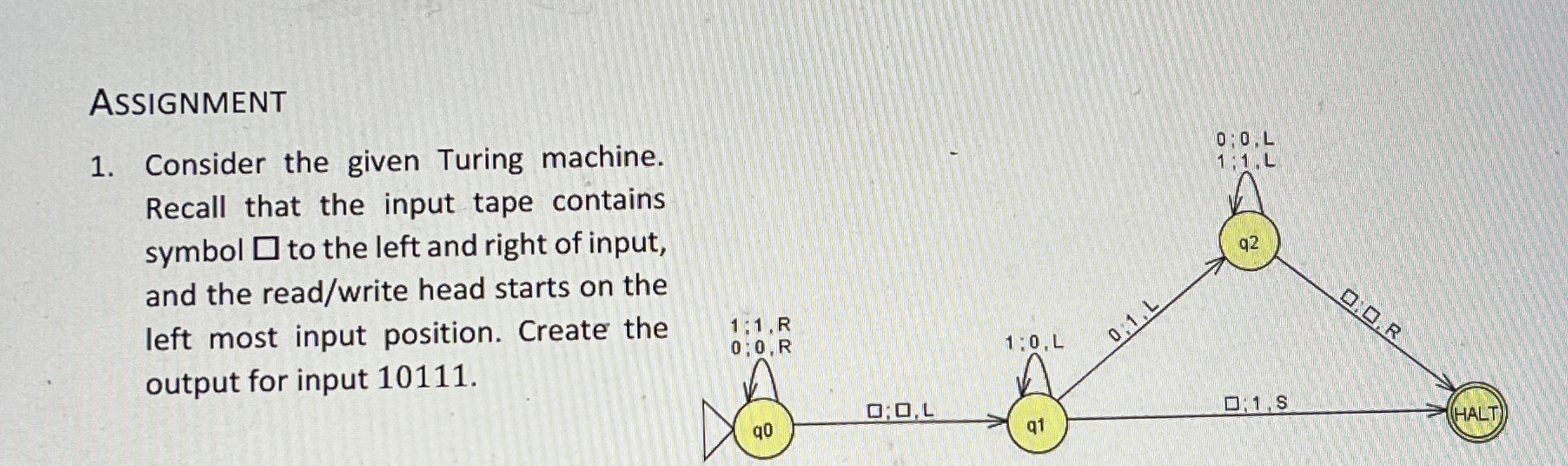 AssigNMENT Consider the given Turing machine.