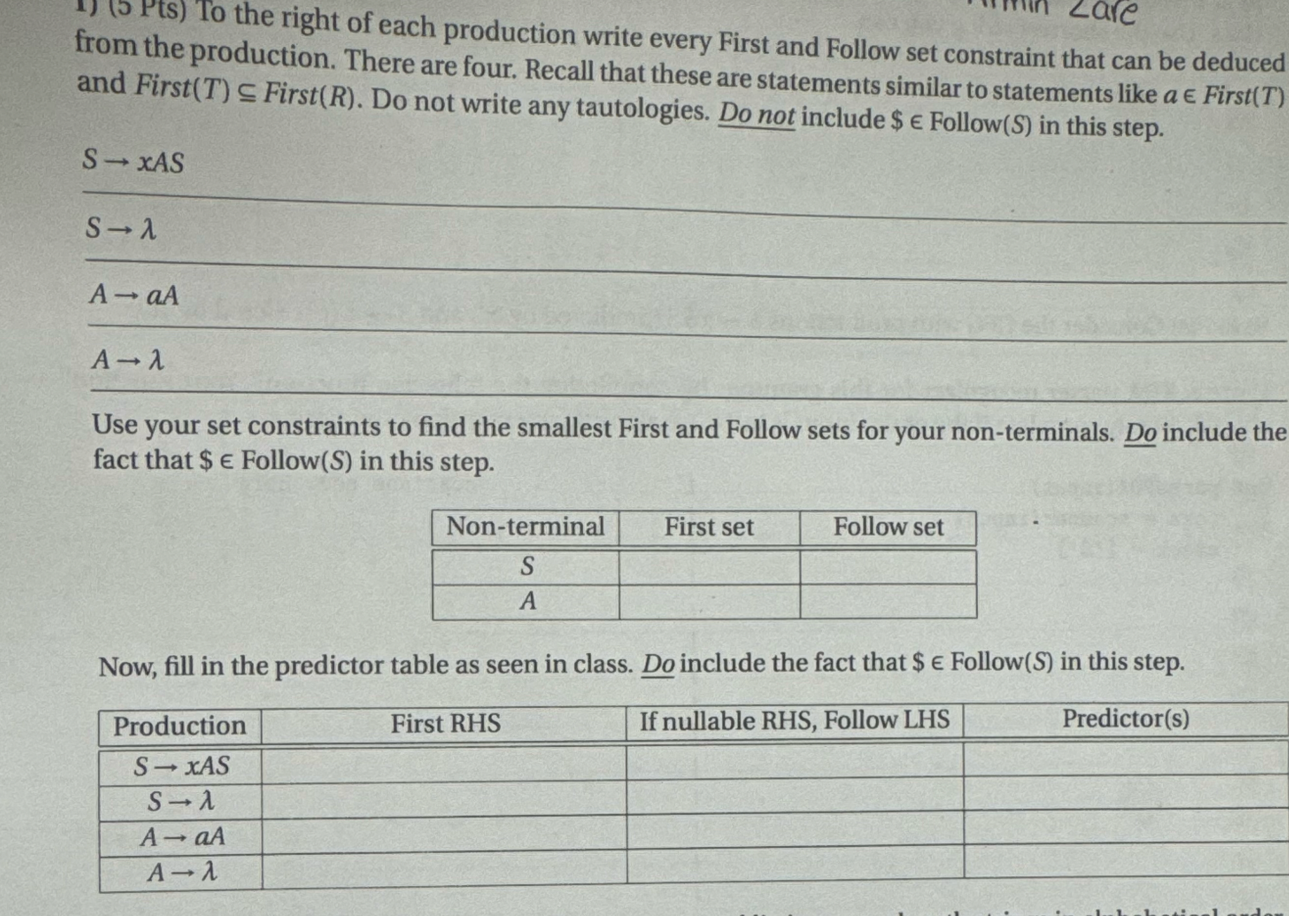 PtS ) To the right of each production write every