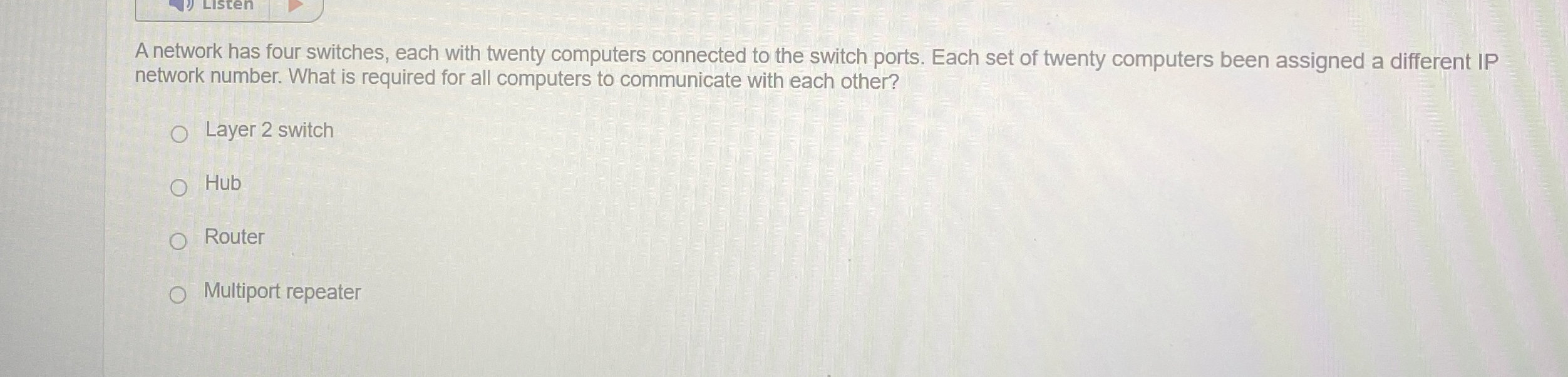 A network has four switches, each with twenty