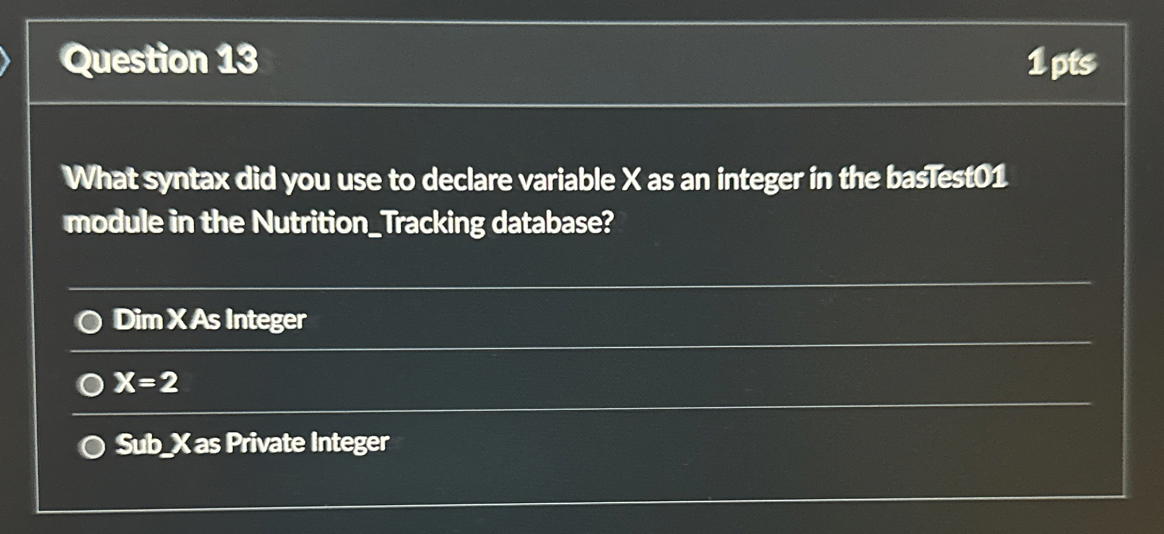 Question 1 3 What syntax did you use to declare