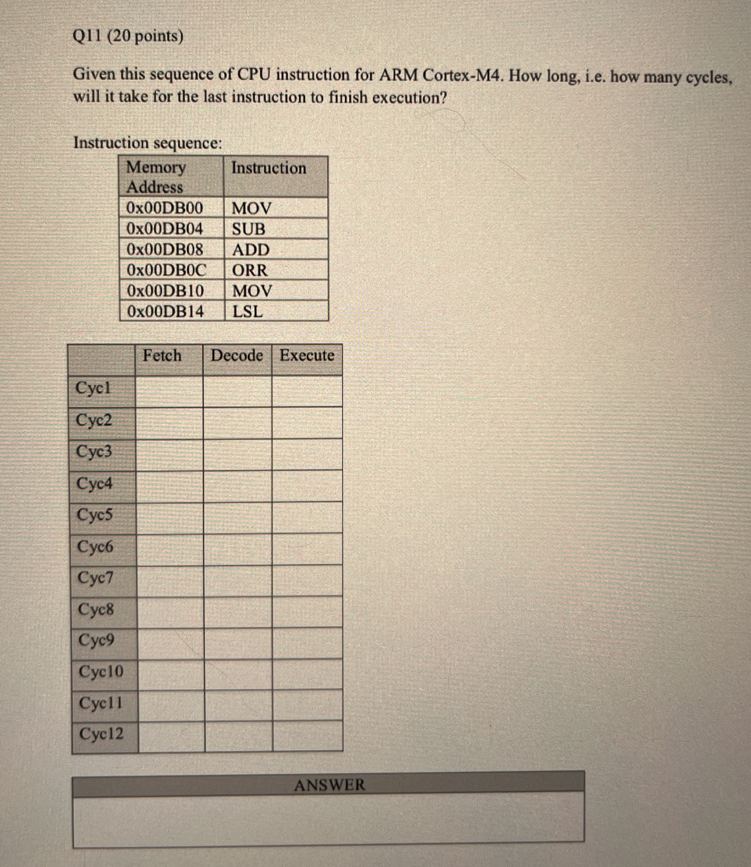Q 1 1 ( 2 0 points ) Given this sequence of CPU