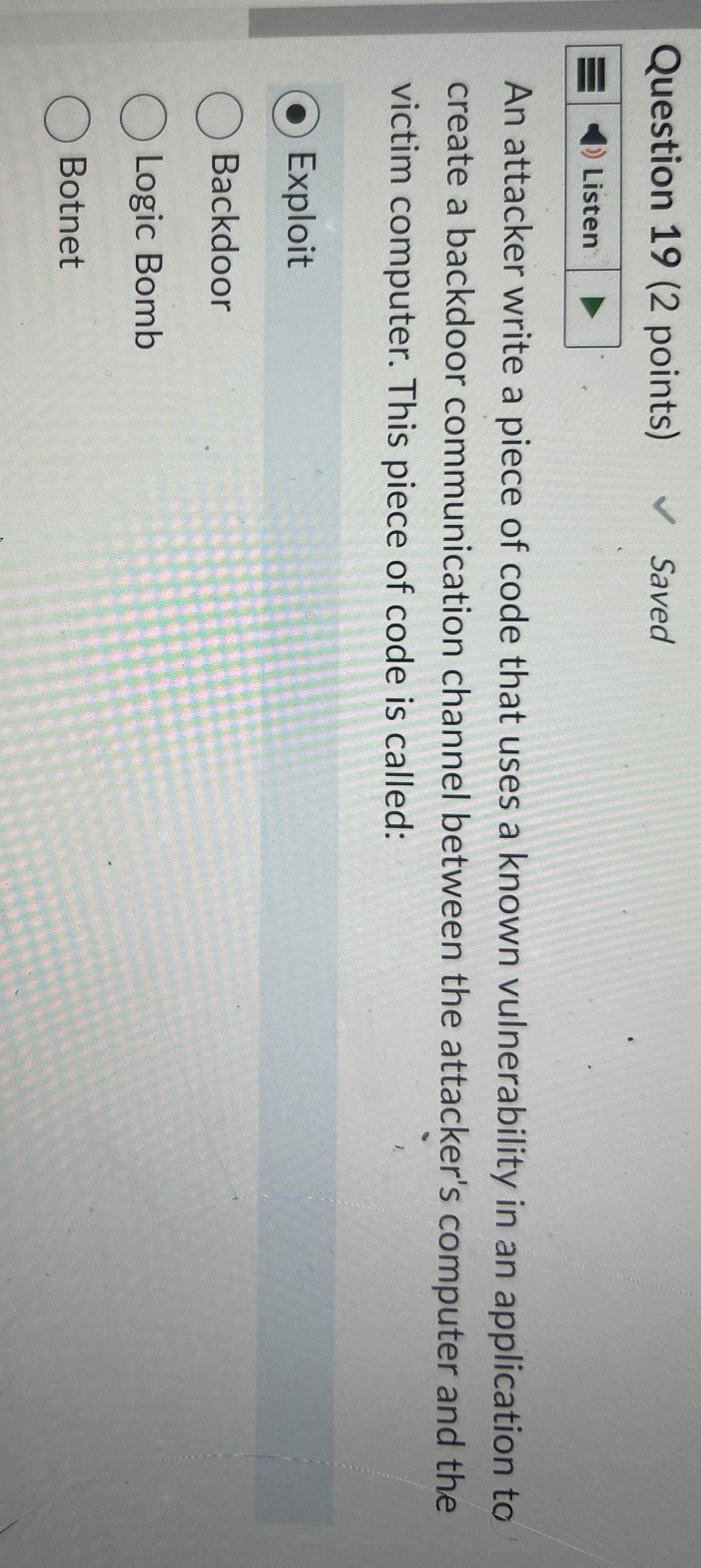 Question 1 9 ( 2 points ) Saved An attacker write