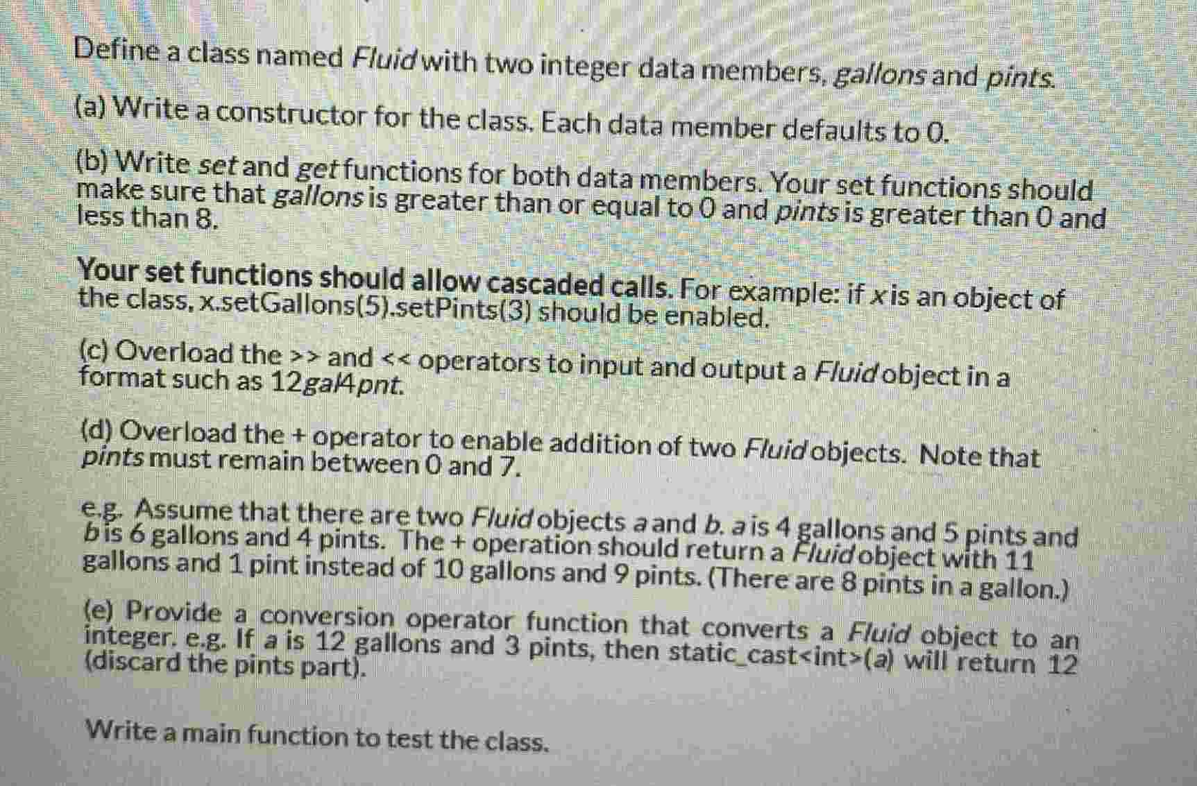 Define a class named Fluid with two integer data