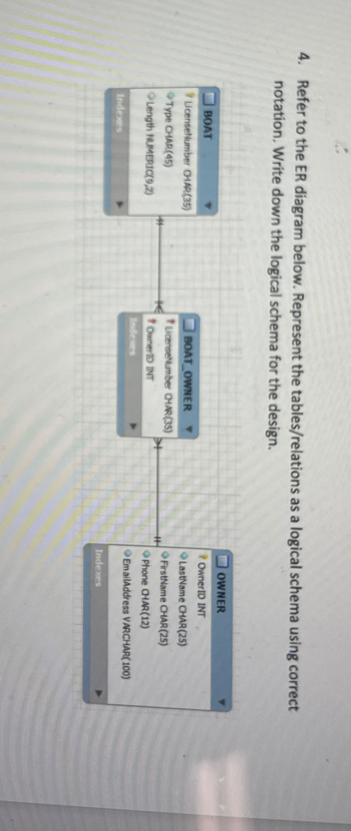 Refer to the ER diagram below. Represent the