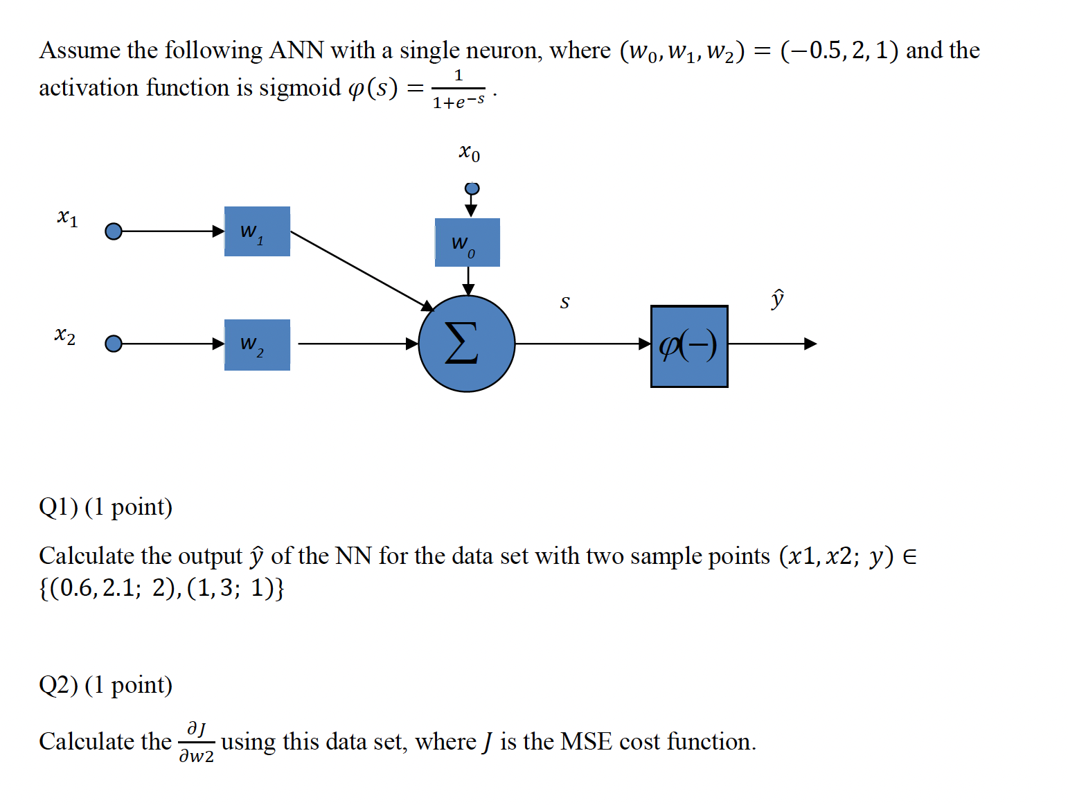 Assume the following ANN with a single neuron,