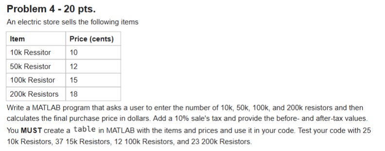 Problem 4 - 2 0 pts . An electric store sells the