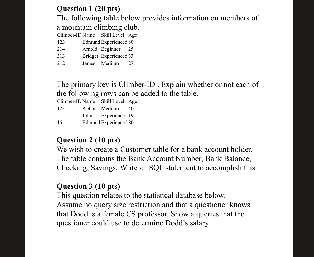 Question 1 ( 2 0 pts ) The following table below