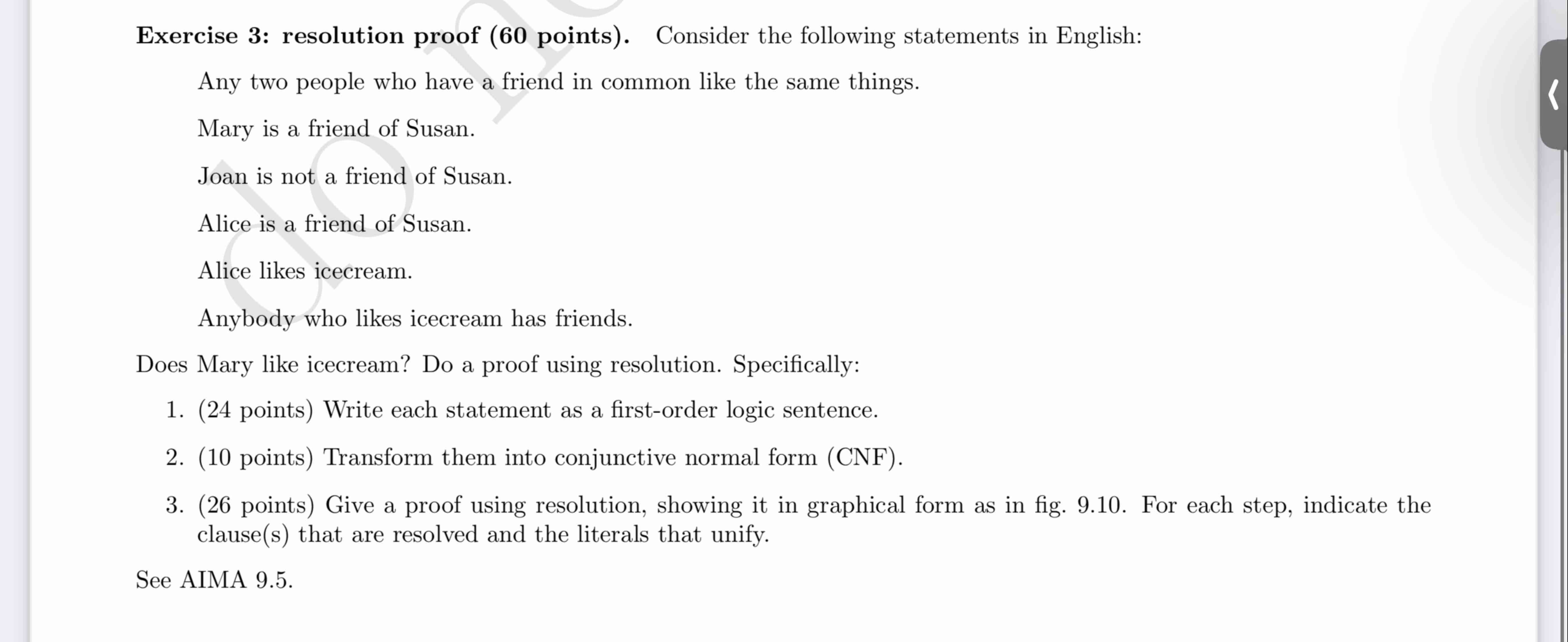 Exercise 3 : resolution proof ( 6 0 points ) .