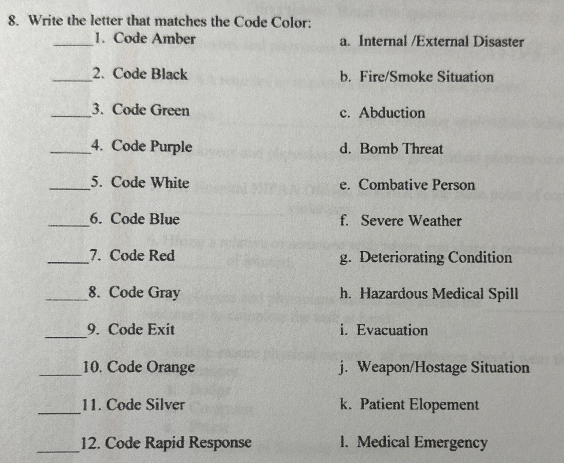 Write the letter that matches the Code Color: