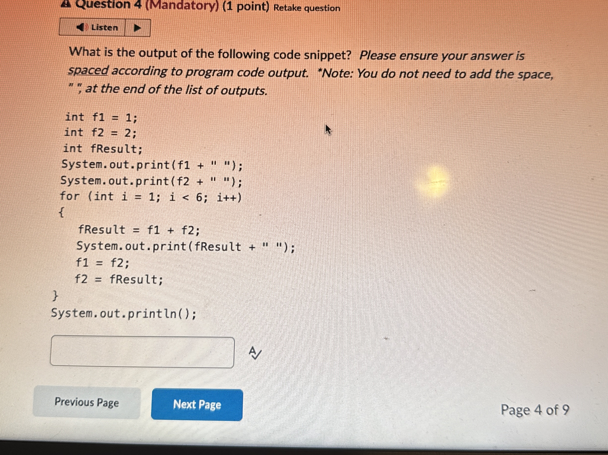 A Question 4 ( Mandatory ) ( 1 point ) Retake