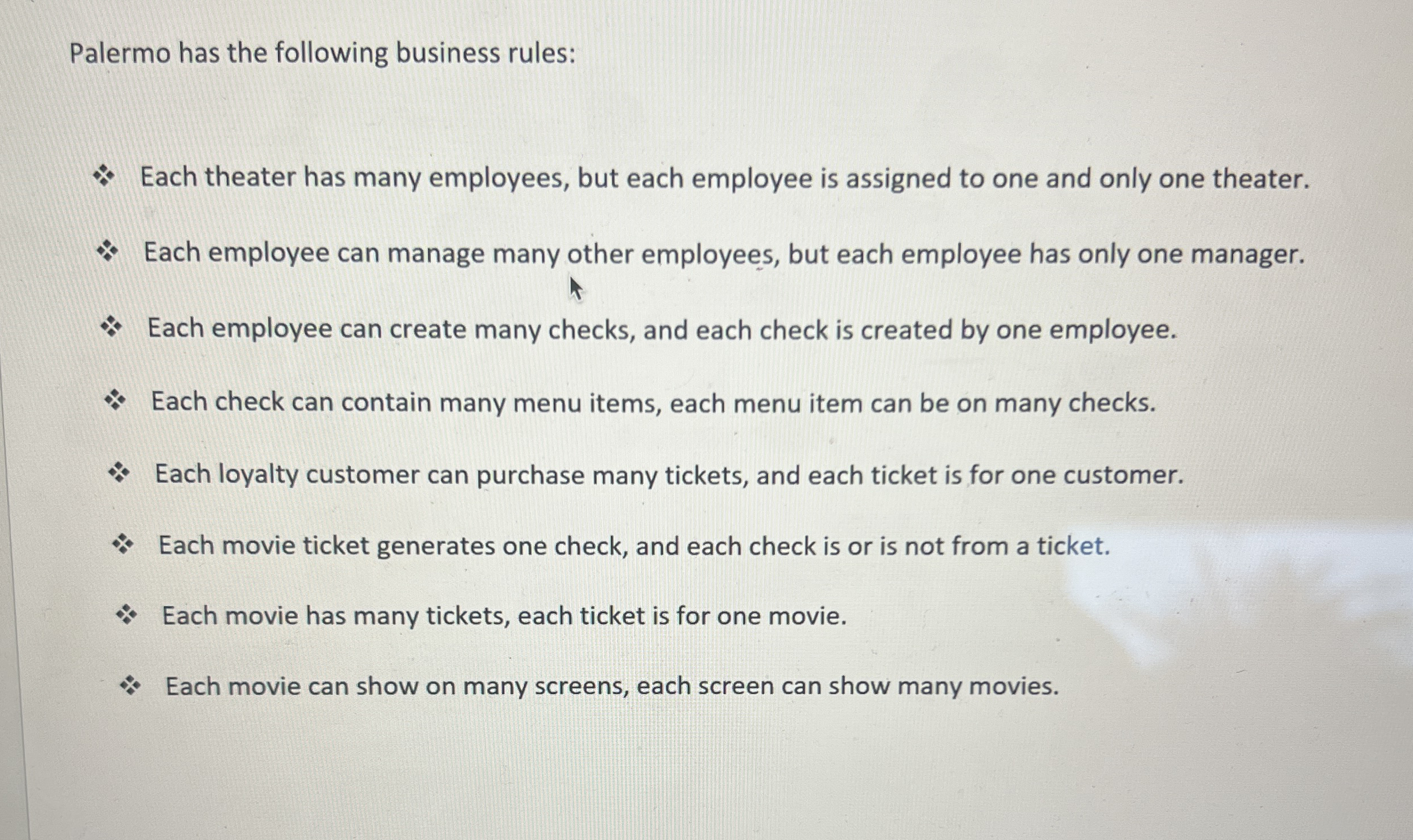 Palermo has the following business rules: Each