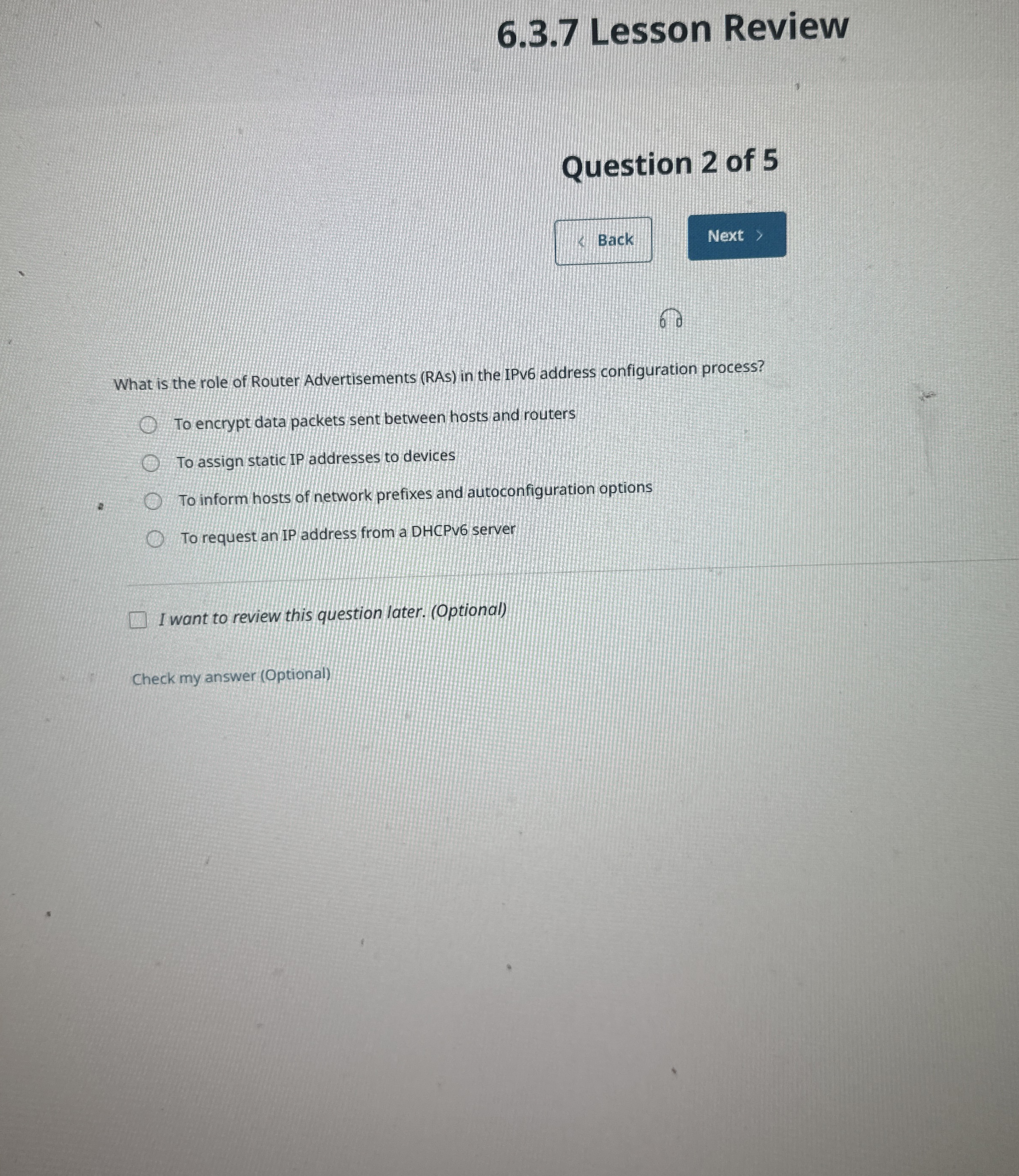 6 . 3 . 7 Lesson Review Question 2 of 5 Back 6 0