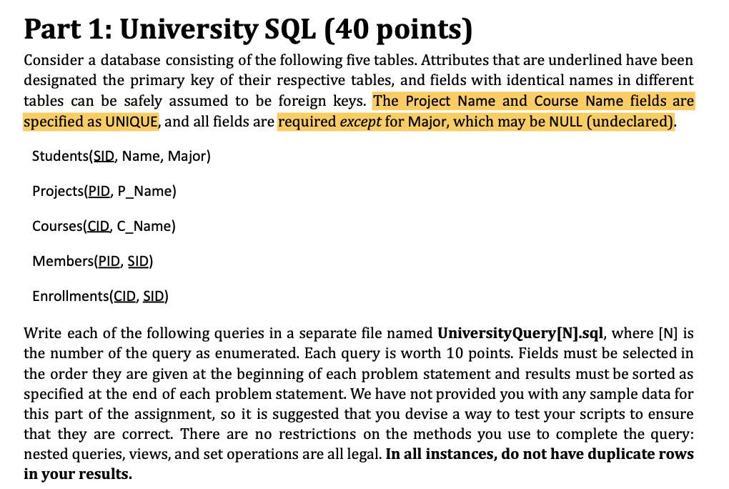 Part 1 : University SQL ( 4 0 points ) Consider a