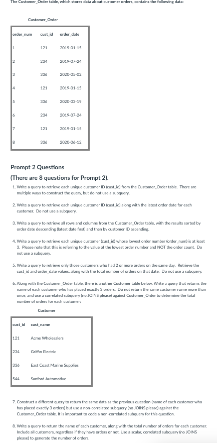 The Customer _ Order table, which stores data