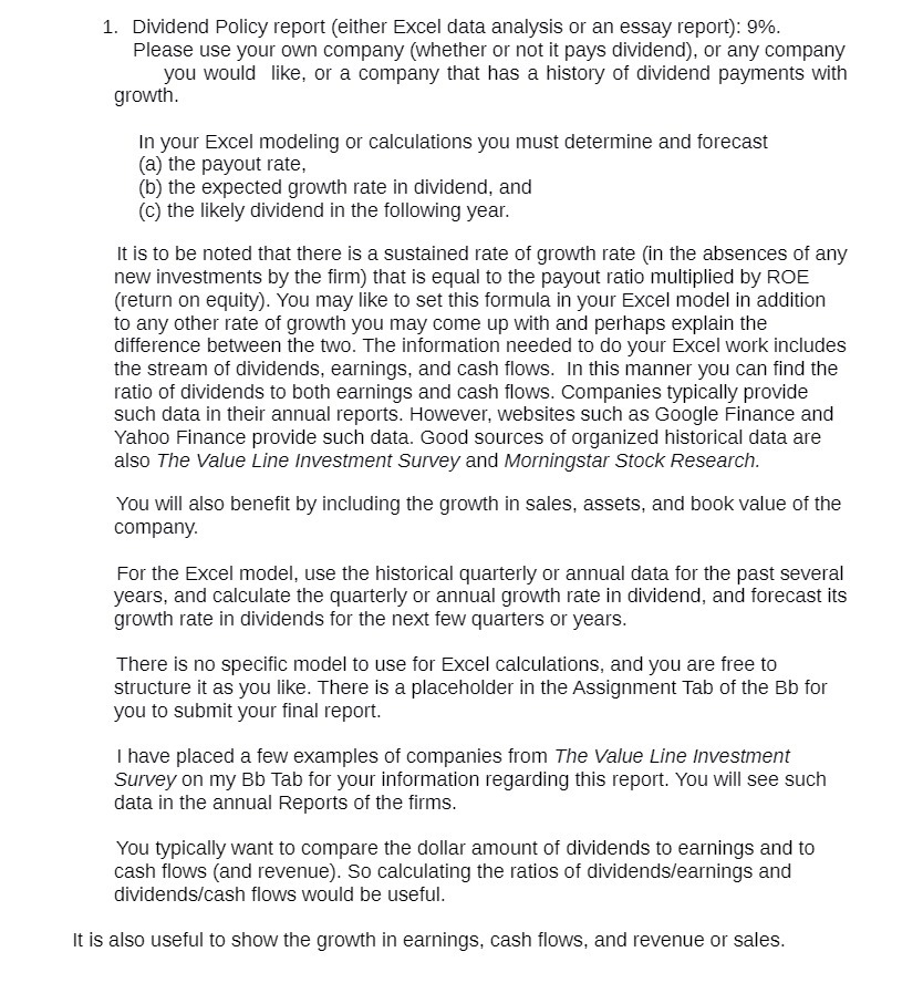 1. Dividend Policy report (either Excel data