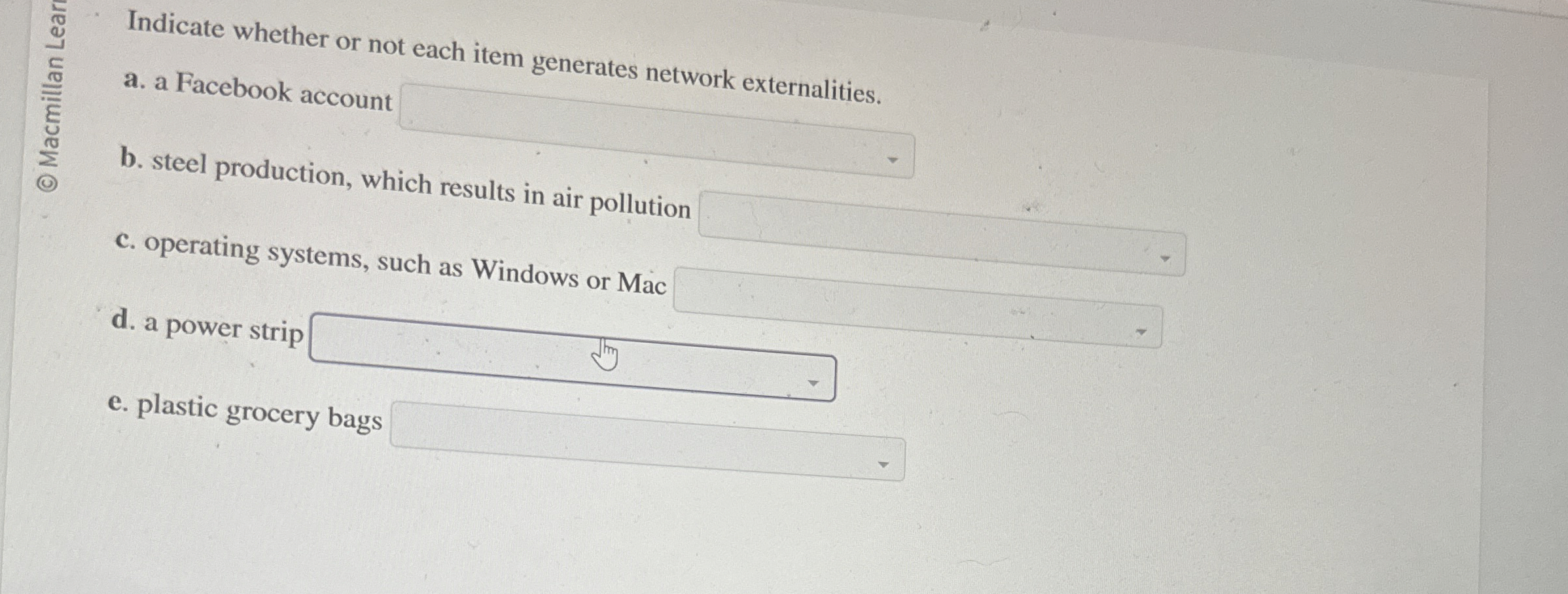 Indicate whether or not each item generates