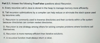 Part 2 . 1 . Answer the following True / False