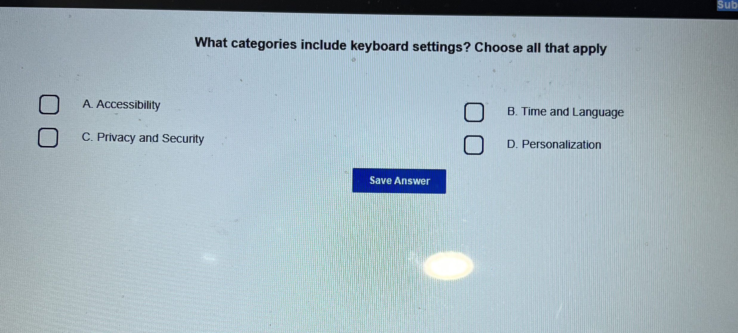 What categories include keyboard settings? Choose