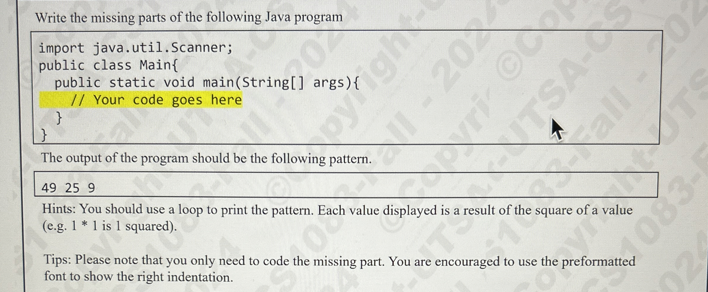 Write the missing parts of the following Java