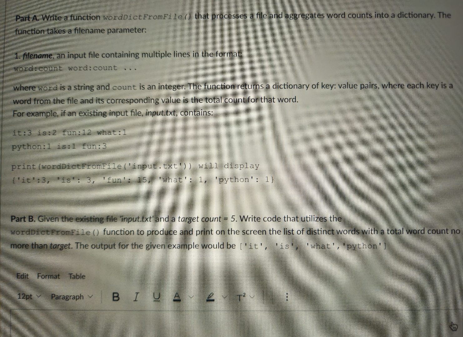 Part A . Write a function wordDictFromFile ( )