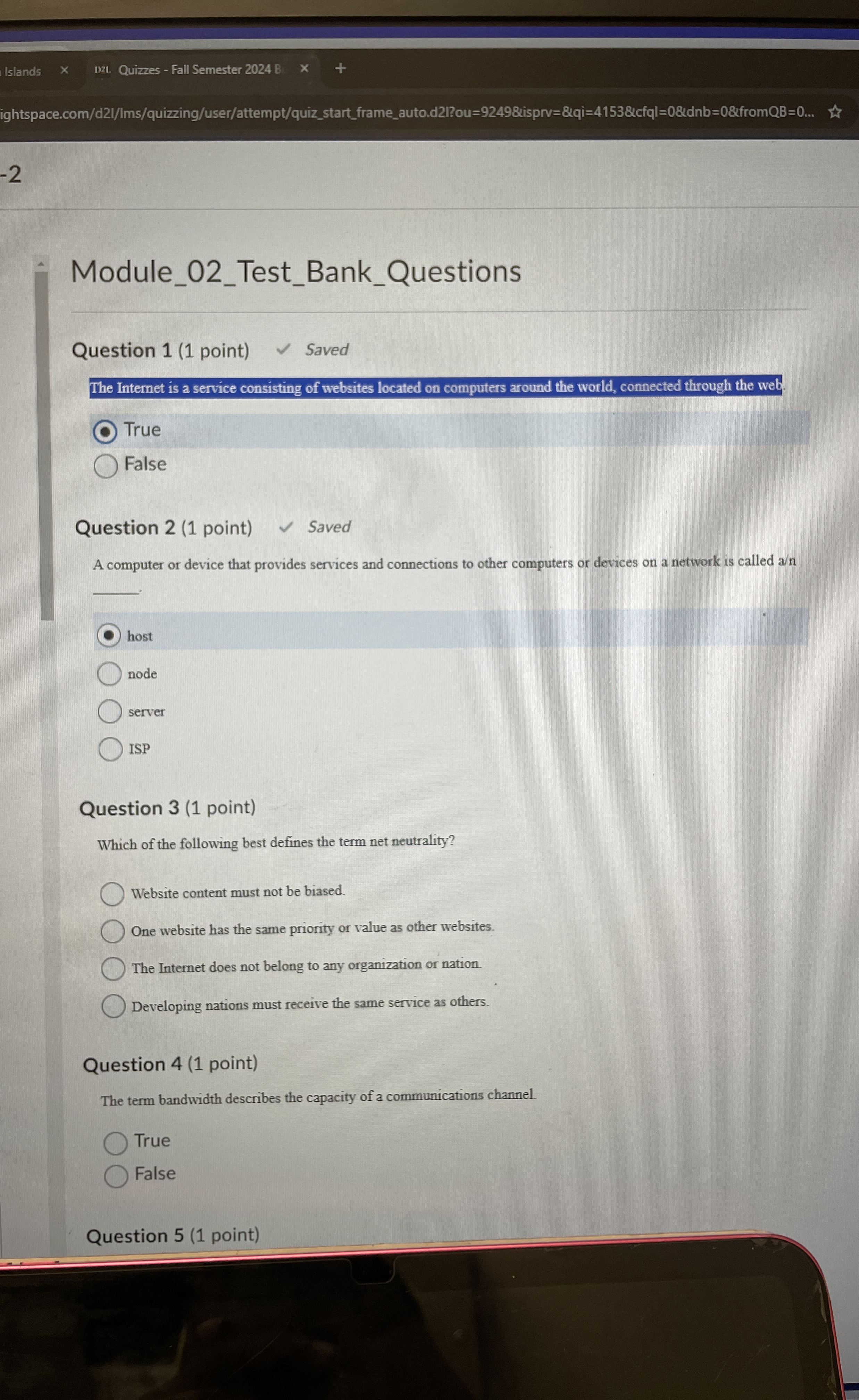 Question 1 ( 1 point ) The Internet is a service