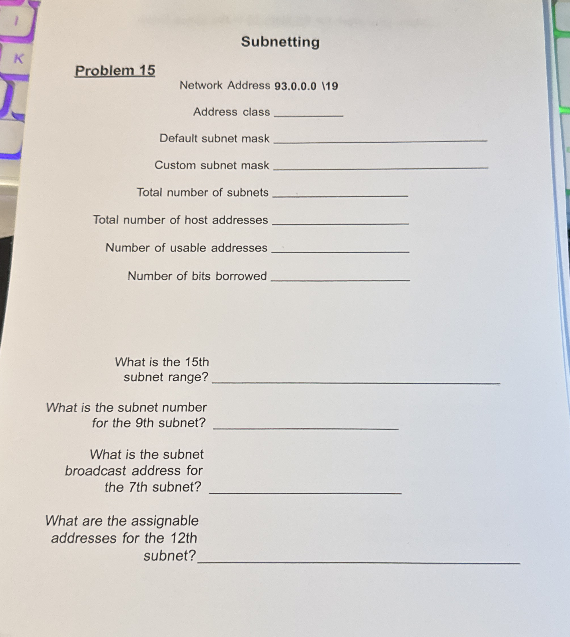 Subnetting Problem 1 5 Network Address 9 3 . 0 .