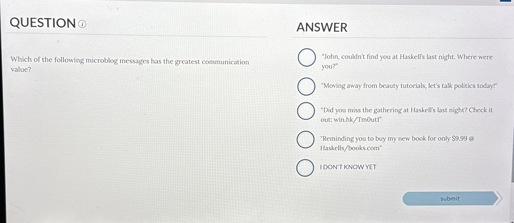 Which of the following microblog messages has the