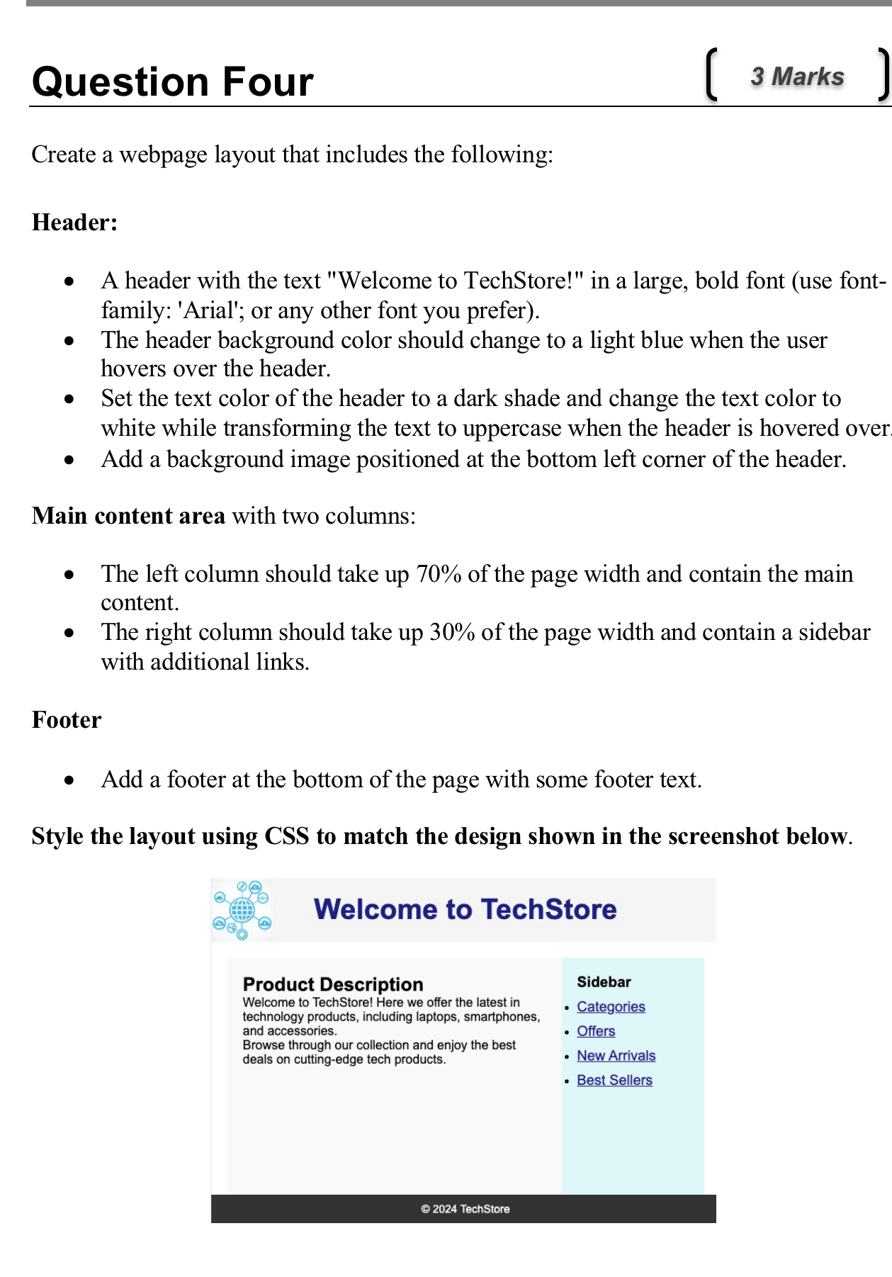 Question Four 3 Marks Create a webpage layout
