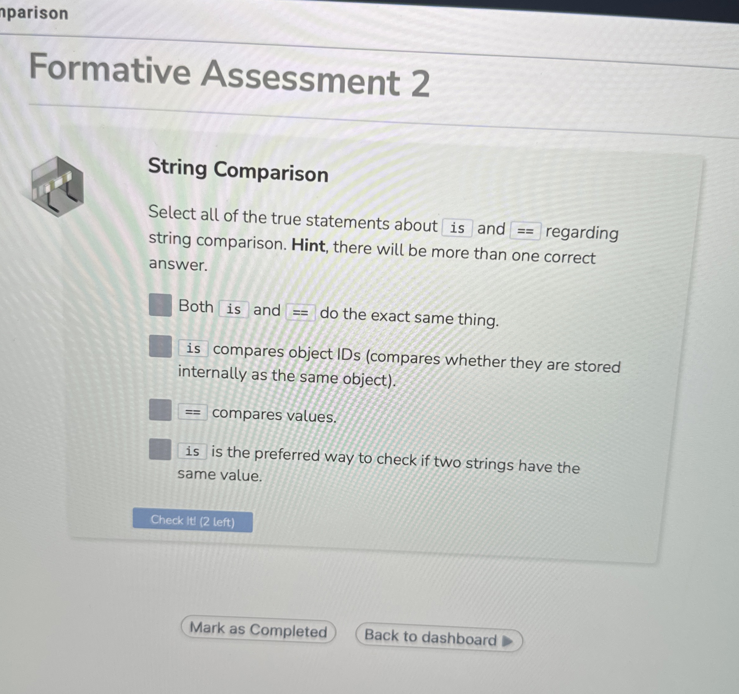 parison Formative Assessment 2 String Comparison