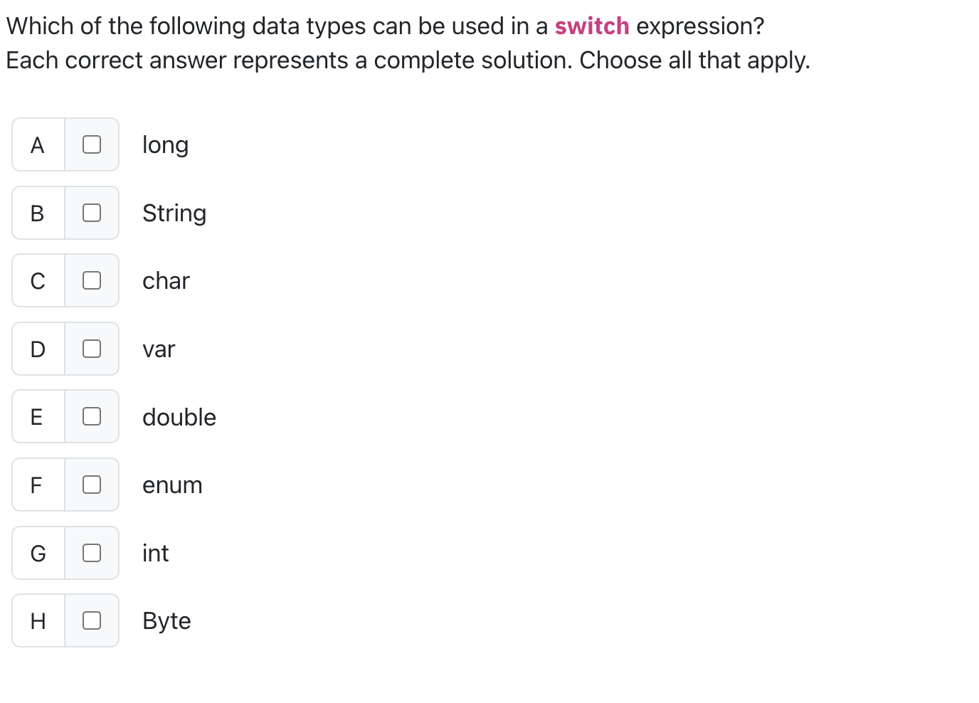 Which of the following data types can be used in