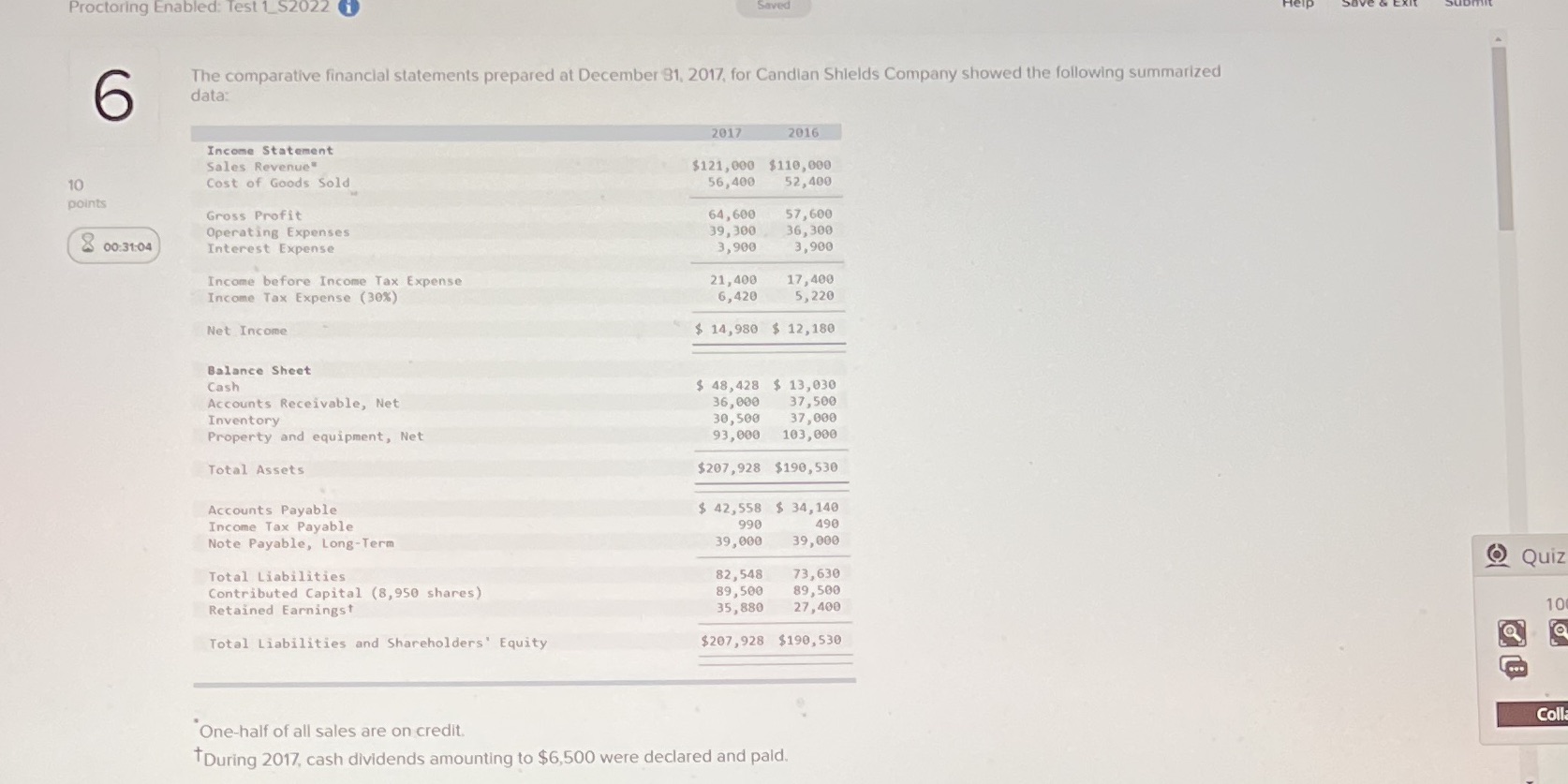 Proctoring Enabled: Test 1_$2022 6 The
