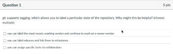 Question 1 git supports tagging, which allows you