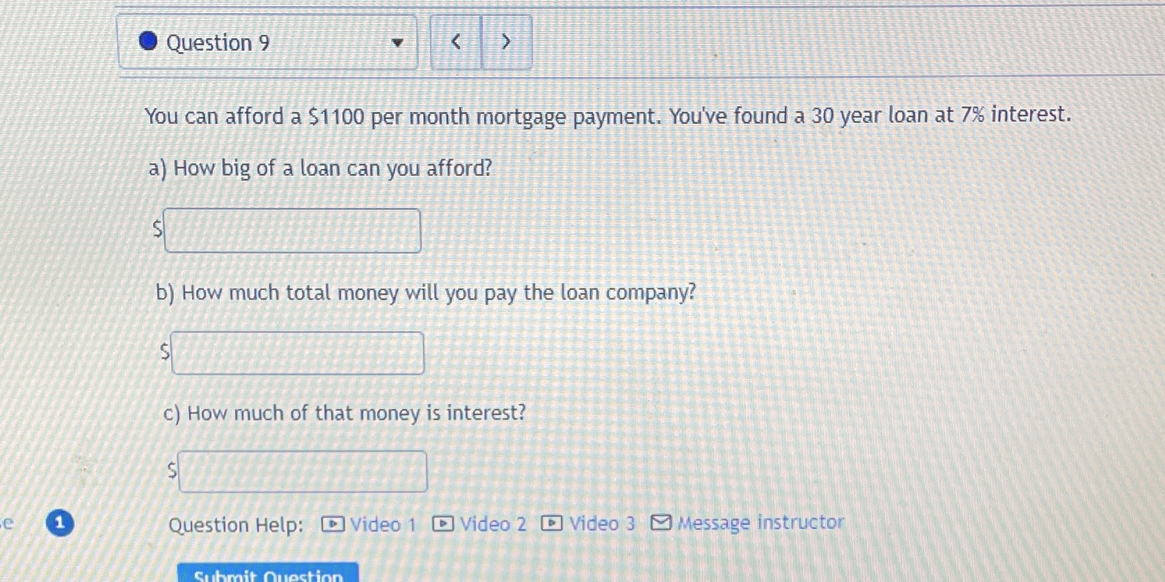 Question 9 < You can afford a $1100 per month