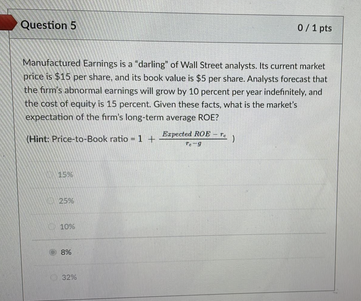 Question 5 0 / 1 pts Manufactured Earnings is a