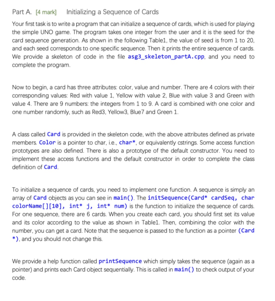 Part A . [ 4 mark ] Initializing a Sequence of