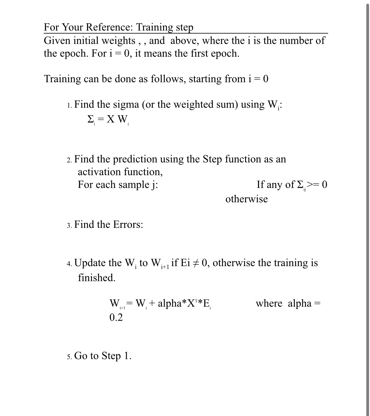 For Your Reference: Training step Given initial