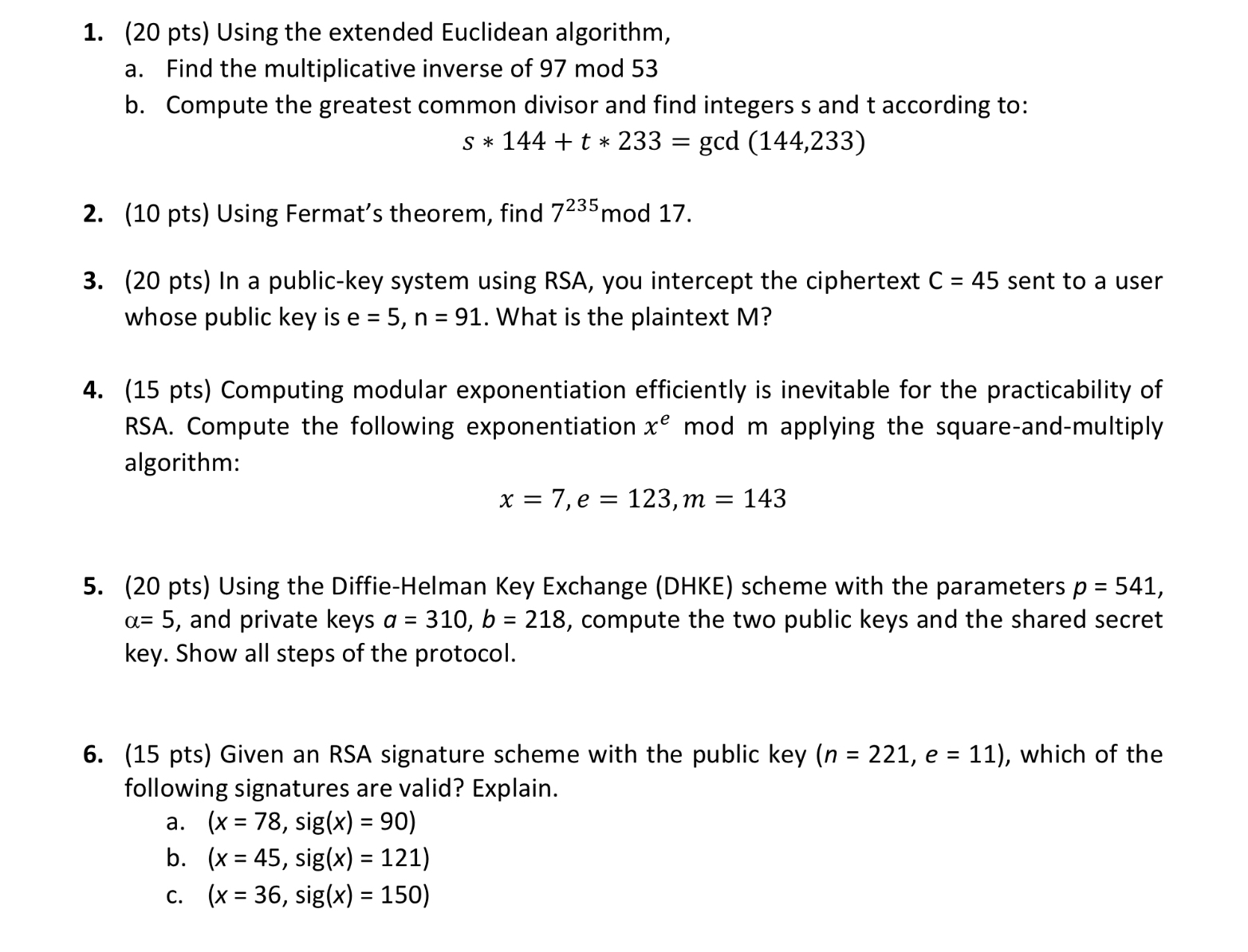 ( 2 0 pts ) Using the extended Euclidean
