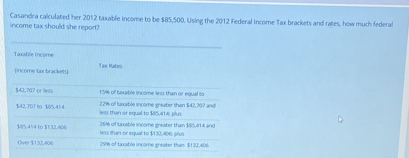Casandra calculated her 2012 taxable income to be