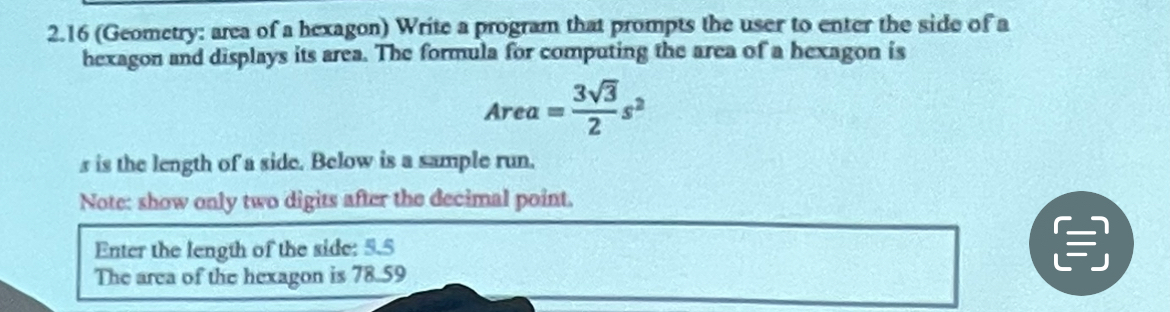2 . 1 6 ( Geometry: area of a hexagon ) Write a
