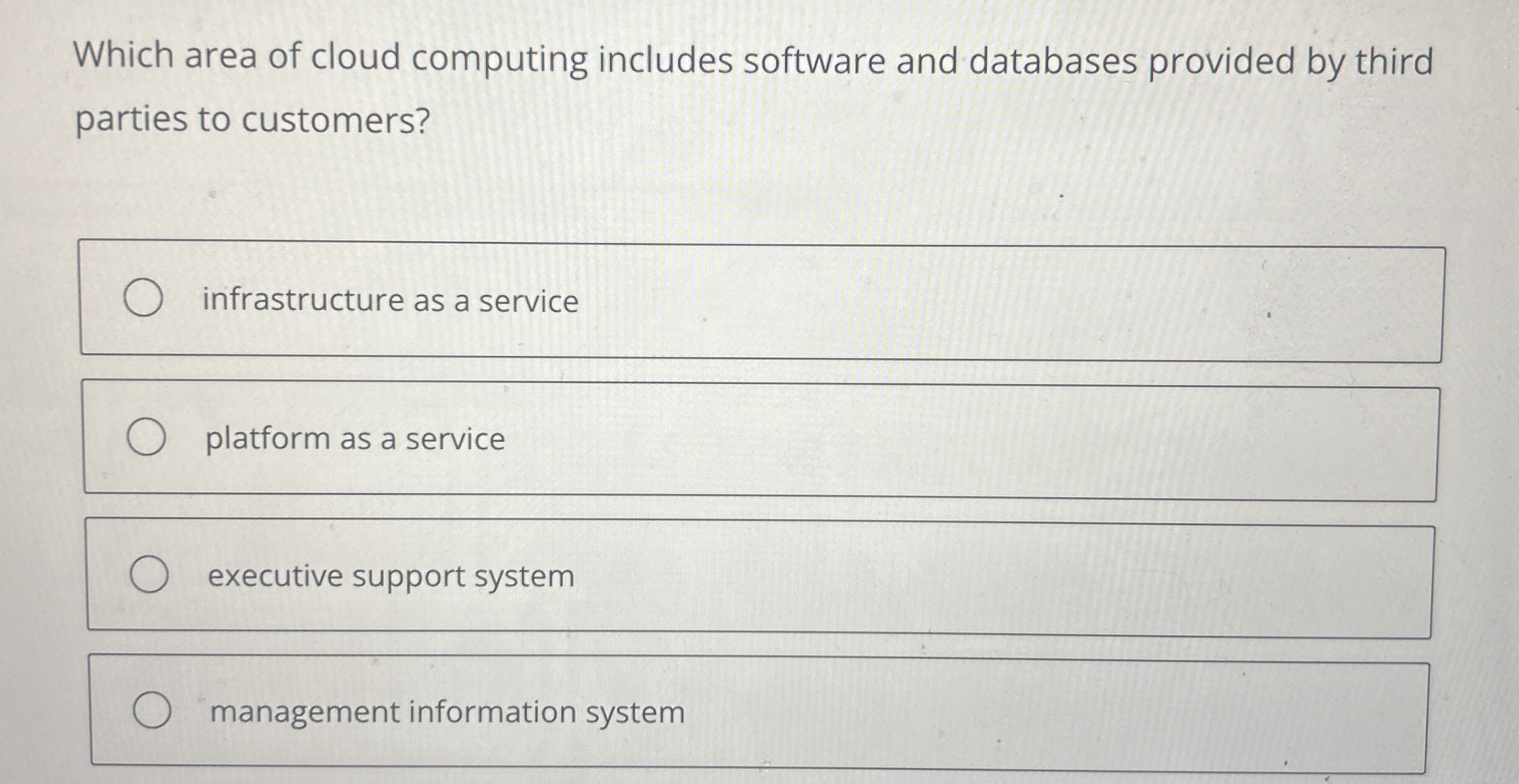 Which area of cloud computing includes software