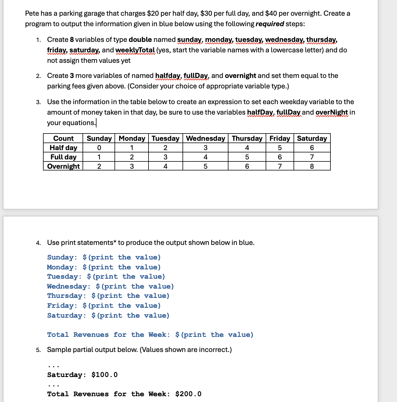 write out this java code Pete has a parking