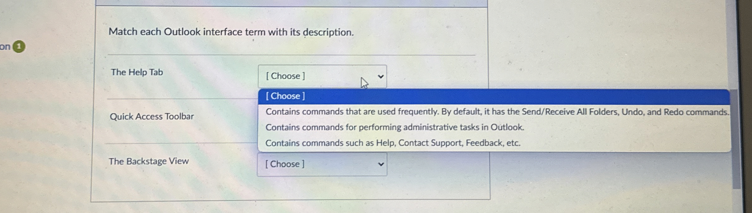 Match each Outlook interface term with its