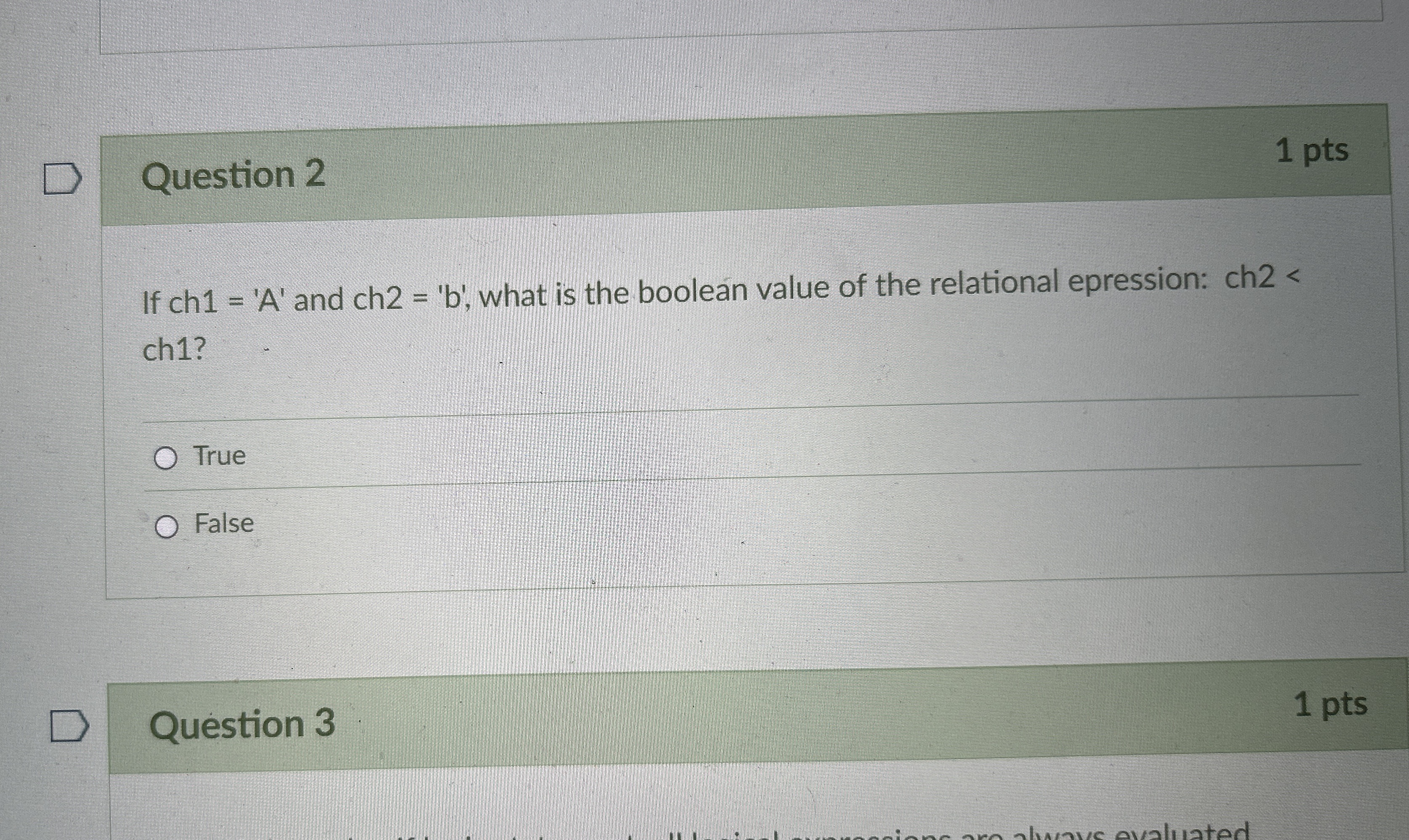 Question 2 If ch 1 = ' A ' and ch 2 = ' b ' ,
