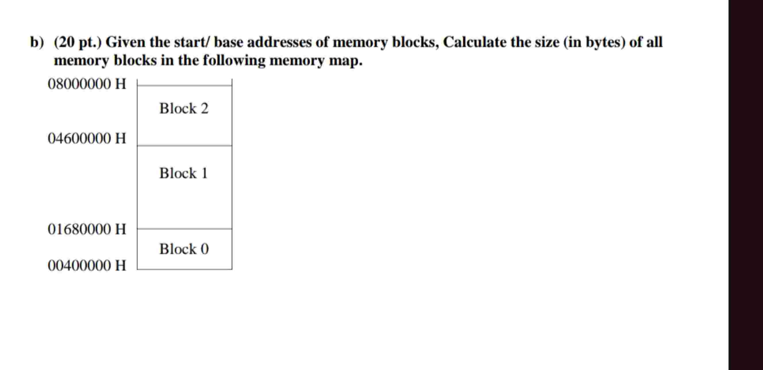 b ) ( 2 0 pt . ) Given the start / base addresses