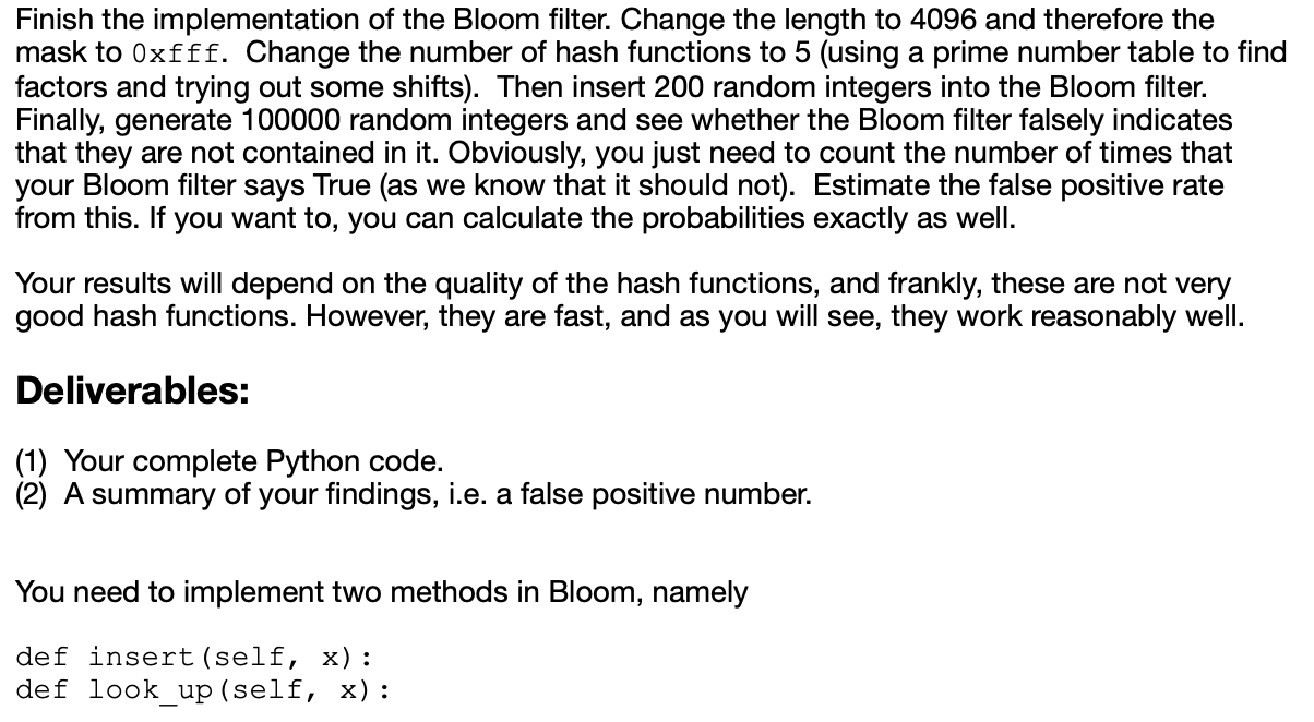 Finish the implementation of the Bloom filter.