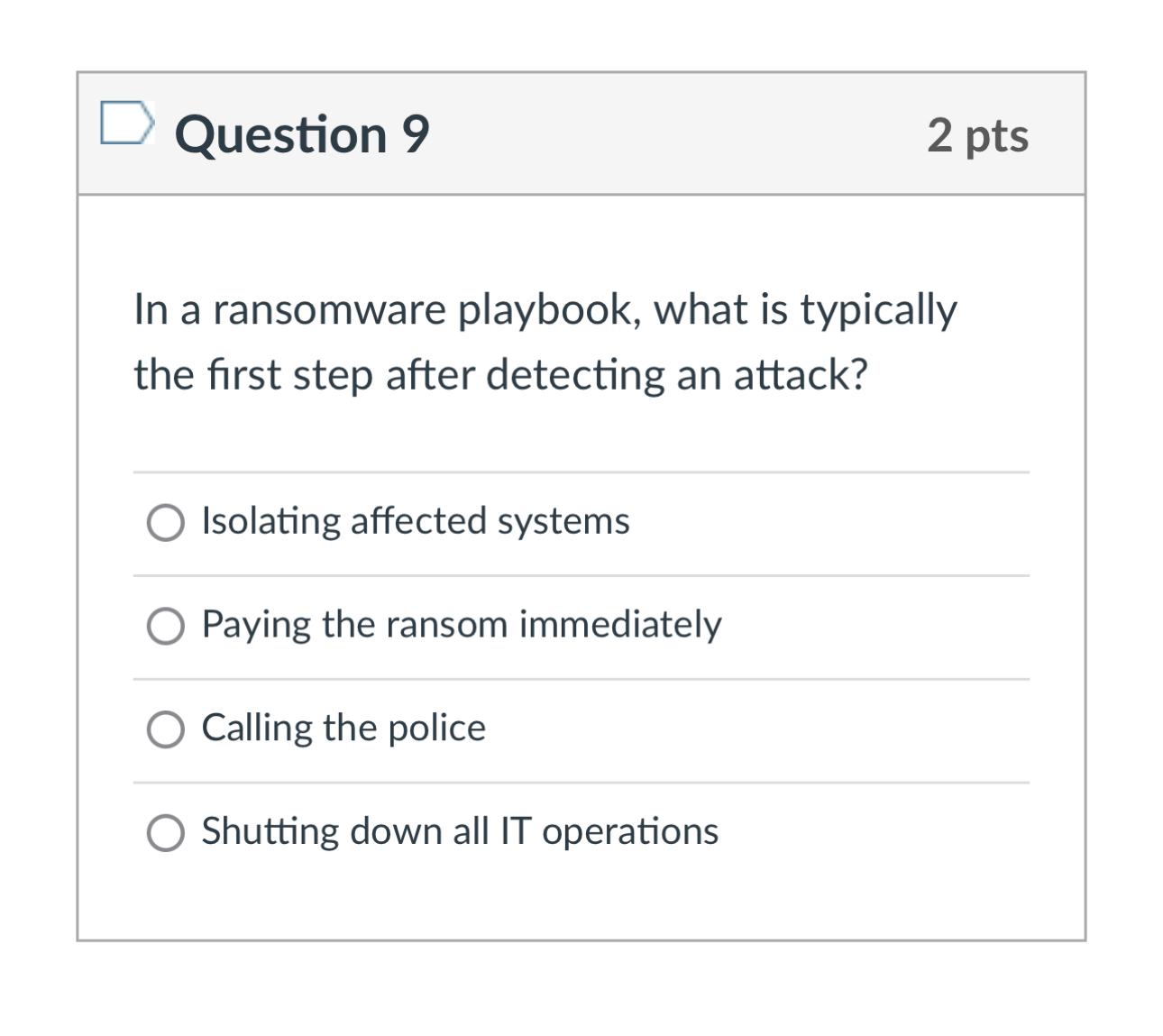 Question 9 2 pts In a ransomware playbook, what